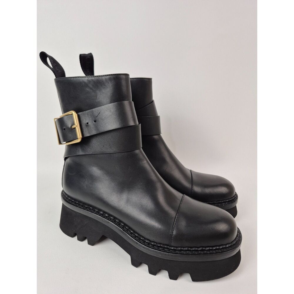 CHLOÉ Women's Black Owena Buckled Leather Ankle Boots Size 38.5 Chloe
